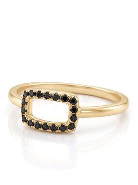 Dainty Gold Ring with Black Gemstone, 10k Gold Finish